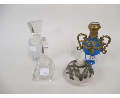 19th Century gilt metal mounted blue glass perfume decanter together with another metal mounted perfume bottle and two clear 