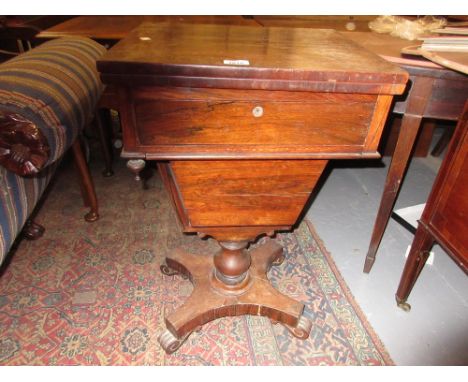 William IV rosewood games / work table, the hinged swivel top inlaid with a chess board above a single drawer and pull-out co