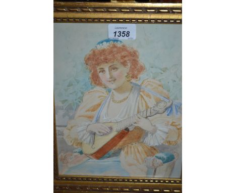 19th Century watercolour, portrait of a young lady playing a lute, 9.5ins x 8ins