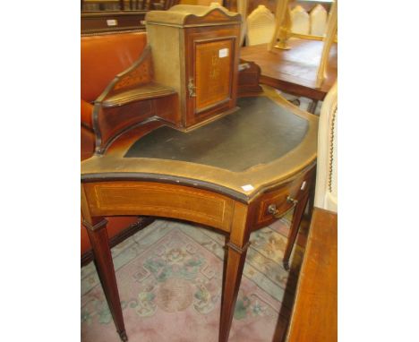 Edwardian mahogany satinwood crossbanded and marquetry inlaid writing desk with cupboard and shelf superstructure above a sha