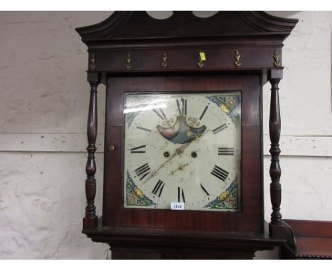 George III mahogany longcase clock, the swan neck pediment above a square door flanked by turned pillars with a Gothic style 