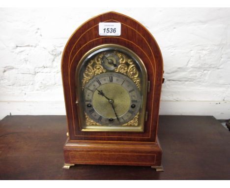 Edwardian mahogany and line inlaid lancet shaped bracket clock, the gilt brass dial with silvered chapter ring, Arabic and Ro