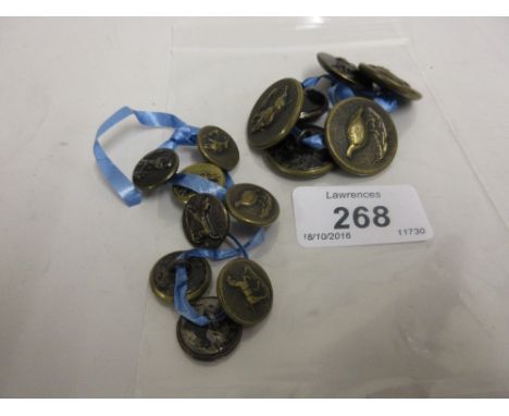 Set of six embossed metal hunting buttons together with a set of eight smaller buttons