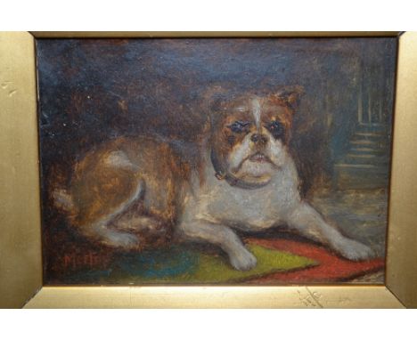 Late 19th Century gilt framed oil, portrait of a bull mastiff, signed Morton, 4.5ins x 6ins