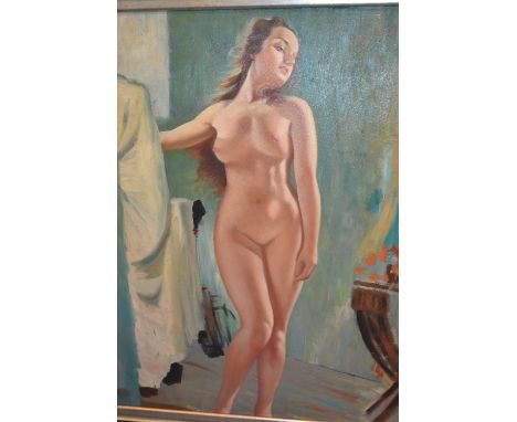 20th Century oil on board, full length portrait of a female nude, signed Grisot, 24ins x 19ins, framed