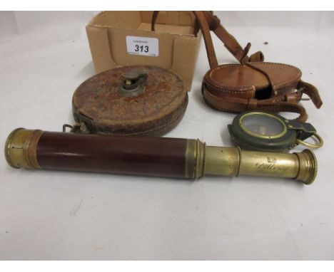 Dolland mahogany and brass three section pocket telescope, World War I leather cased field compass and a leather covered bras