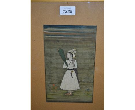 Indian school, gouache painting, portrait of a figure holding a peacock fan in a landscape, 9ins x 5ins, temporary frame