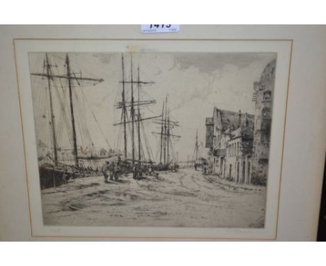 Gertrude Ellen Hayes, etching of Hull quayside with moored sailing boats and figures, signed in pencil, 8ins x 10ins