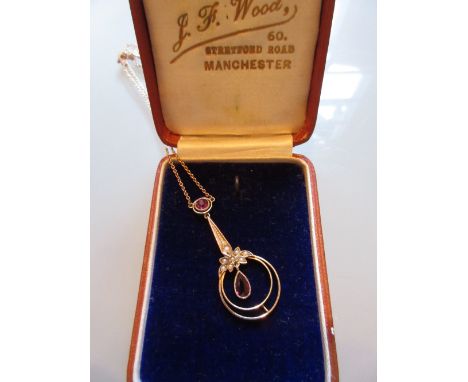 9ct Gold amethyst and split pearl drop pendant of Art Nouveau design with chain