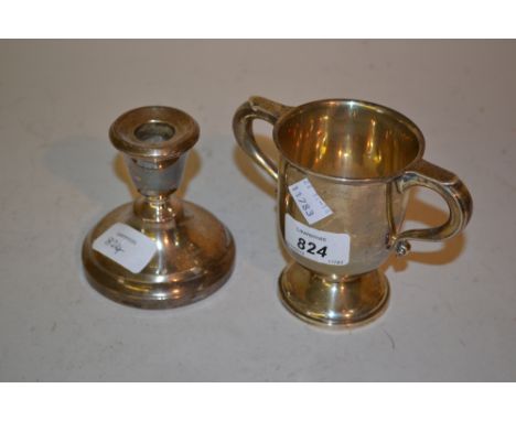 Birmingham silver two handled circular pedestal trophy cup and a Birmingham silver circular taper stick