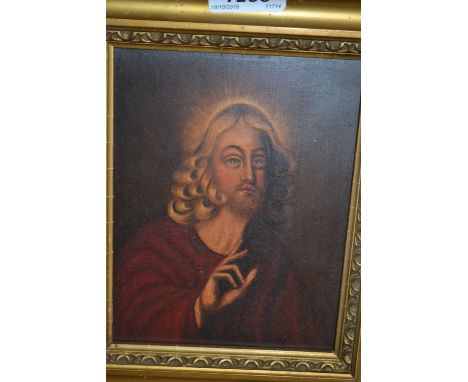 19th Century oil on panel, portrait of Christ, gilt framed, 7ins x 5ins