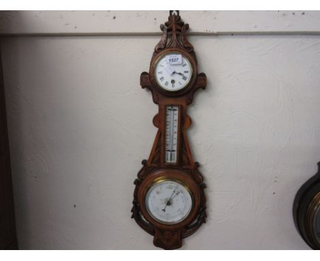 Edwardian carved satin birch clock thermometer barometer with enamel dials and scales