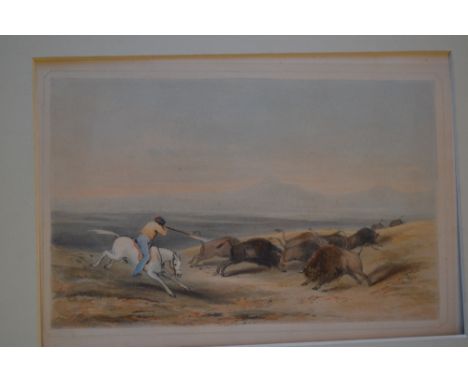 19th Century coloured lithograph, buffalo hunting on the Western Prairies,  unframed together  with a quantity of other litho