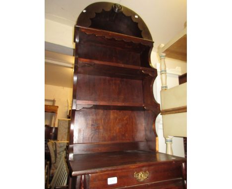 Small stained beechwood dresser with a boarded shelf back above a drawer and cupboard