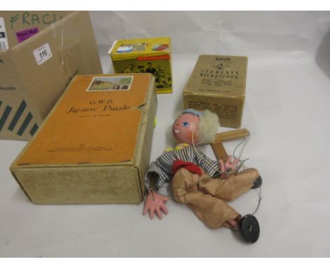 G.W.R. jigsaw puzzle in original box, a boxed student's microscope, Brownie camera, Pelham puppet etc
