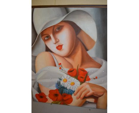 Set of three Art Deco style oil on canvas, portraits of ladies, an oil on canvas, shipping scene and a framed woolwork portra