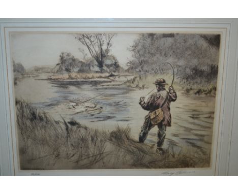Henry Wilkinson, artist signed Limited Edition coloured etching, river scene with an angler, No. 52 of 250, 9.5ins x 13.5ins,