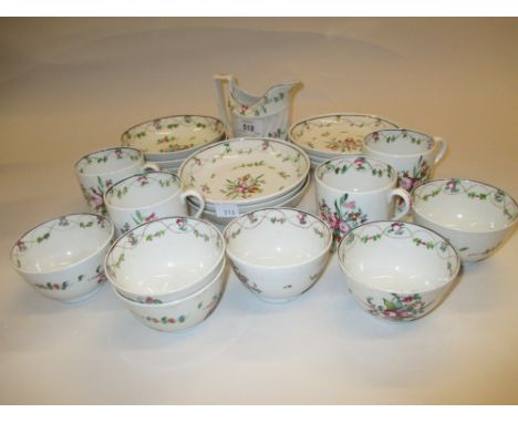 19th Century English porcelain part tea service decorated with floral sprigs in pink and green (some damages)
