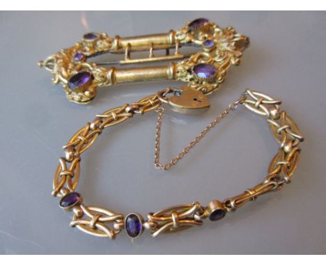 Antique gilt metal amethyst set buckle and a pinchbeck chain link bracelet set with amethyst