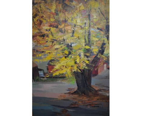 Oil on canvas, study of a tree, signed Levi, together with a framed coloured print of ducks in flight after Peter Scott