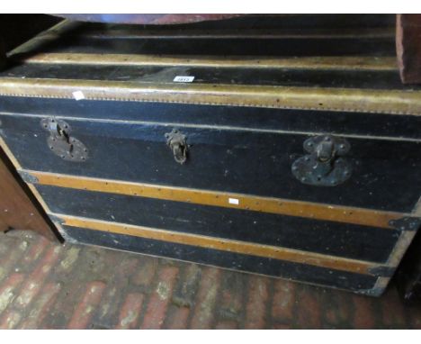 19th Century wooden slatted rexine travel trunk together with a later trunk