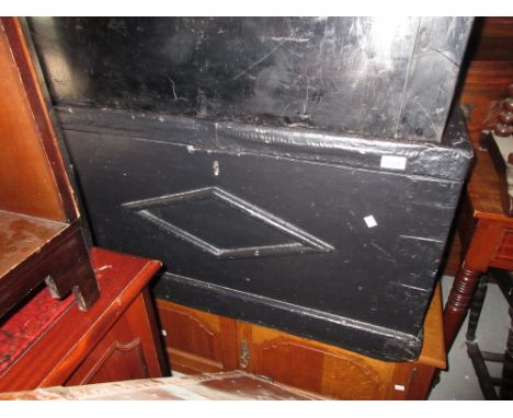 19th Century black rexine covered trunk