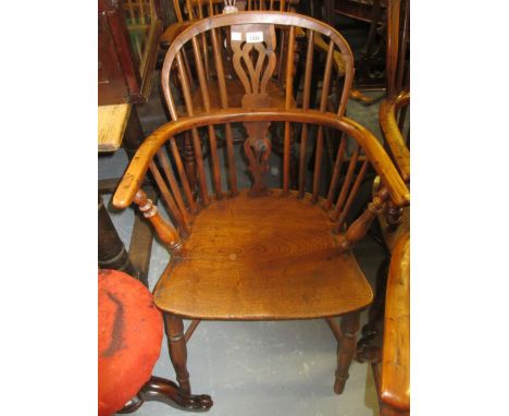 George III yew and elm Windsor armchair with a pierced splat and stick back above turned supports with crinoline stretcher