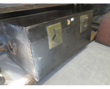 Late 19th or early 20th Century Chinese rectangular black lacquer trunk with hinged lid and brass fittings