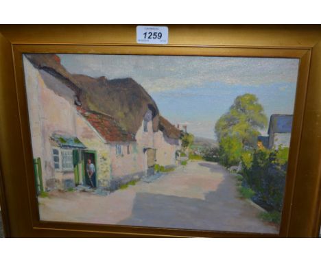 Oil on canvas, Cornish street scene with thatched cottages and figure by a doorway, 9.5ins x 13.5ins, together with an unfram