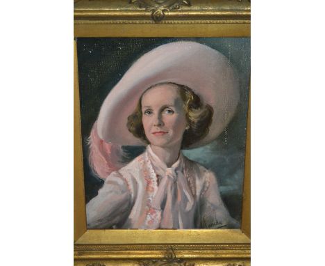 Oil on canvas, head and shoulder portrait of an elegant lady wearing a large brimmed hat, 9ins x 7ins, together with another 