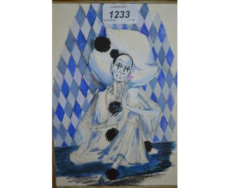Gouache and pencil drawing, portrait of Pierrot, monogrammed L.K., 9ins x 6ins