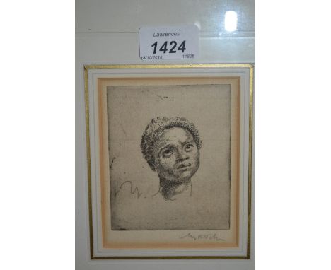 Augustus John, artist signed etching, No. 21 of 25, Head of a Negress, 3.75ins x 3.25ins, gilt framed, bearing gallery label 