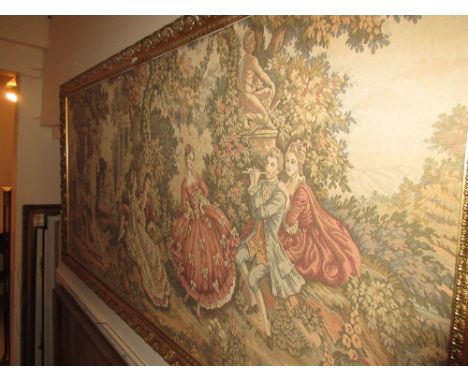 Large machine woven tapestry picture, figures in a landscape, gilt framed