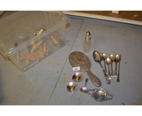 Silver backed hand mirror, silver tea strainer, caddy spoon, pair of Danish silver taper sticks, a quantity of silver flatwar