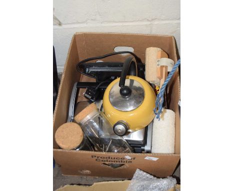 A box of kitchen items to include sandwich toaster, kettle etc