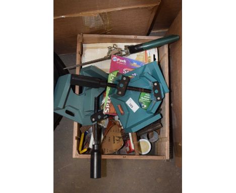 Wooden wine box containing various garage clearance items etc