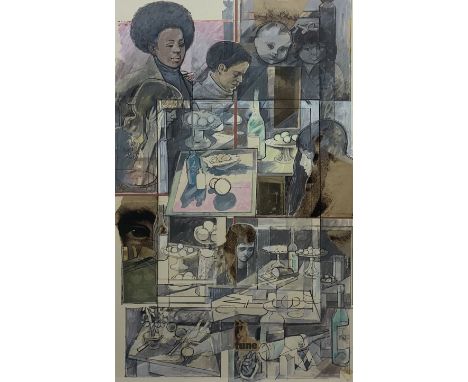 Robert H Lee (British 1915-2007): 'First &amp; Last Lessons', mixed media collage signed titled and dated 1977/78, 70cm x 45c