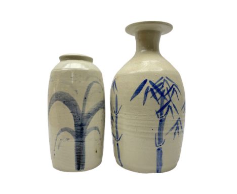 Jeremy Leach (British 1941-): Two Lowerdown Pottery Stoneware vases, one with flared trumpet neck, shouldered baluster body p