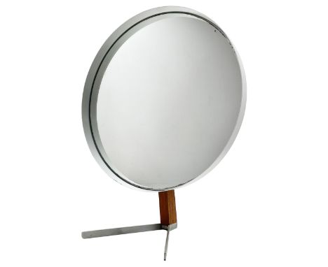 1960's Durlston Designs tripod vanity mirror, adjustable circular mirror plate with white coated steel frame and teak support