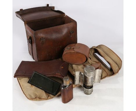 First World War officers Campaign Kit, leather case with brass rings to the sides for carrying strap, stamped to lid with bro