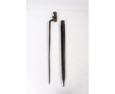 Austrian M1854 Socket Bayonet, indistinct number stamped to socket elbow, held in black leather scabbard with steel mounts