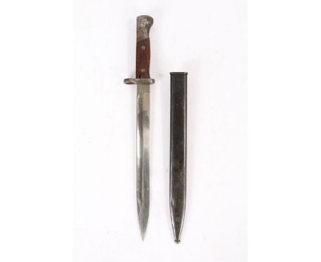 Brazilian M1935 Knife Bayonet, straight, fullered, single edged blade, crossguard marked '1332', held in steel scabbard