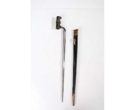 British Pattern 1853 Socket Bayonet, no government markings, held in leather scabbard with brass mounts