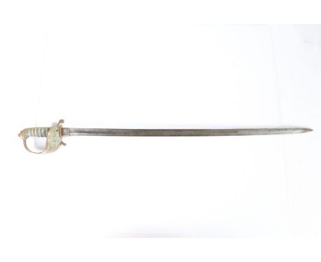 Scarce Victorian Royal Navy Master at Arms Sword, single edged fullered steel blade etched with royal coat of arms surmounted