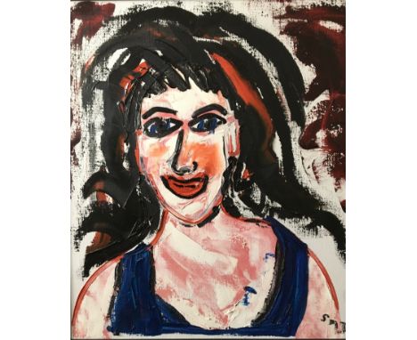 SHEILA BENSON. Framed, signed initials, oil on canvas, 'Black Eyes', head portrait of female, 64.5cm x 60cm.