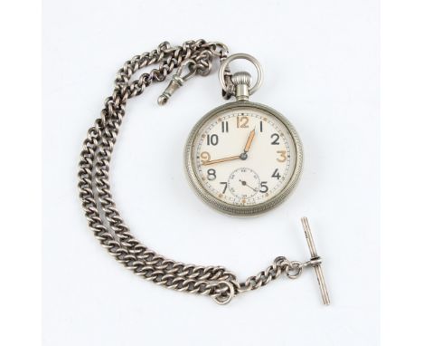 A white metal crown wind open face pocket watch, the white enamel dial having hourly Arabic numerals with minute track border