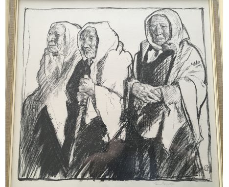 SIR FRANK BRANGWYN R.A. (1867-1956). Framed, signed in pencil, lithograph on paper, three elderly women, 51cm x 50cm.