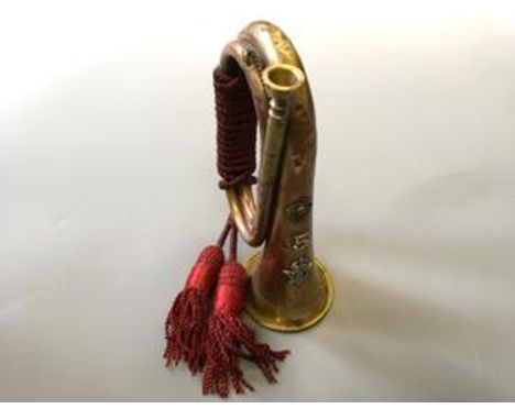 A WWI bugle with DVC Insignia, stamped with Marweigh, press 1914, Mons 1914, Somme 1916, Aisne 1914, Loos 1915, Cambria 1917.