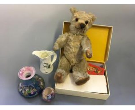 A teddy bear, a Shelley butterfly lustre vase, signed Walter Slater, Tunstall vase, enamel brooch. Royal Worcester jug, ratio