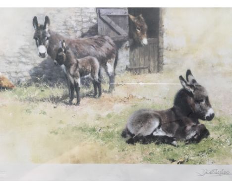 DAVID SHEPHERD. Signed in pencil, limited edition print on paper, 396/850 with guild stamp, "Donkeys", donkeys outside stable